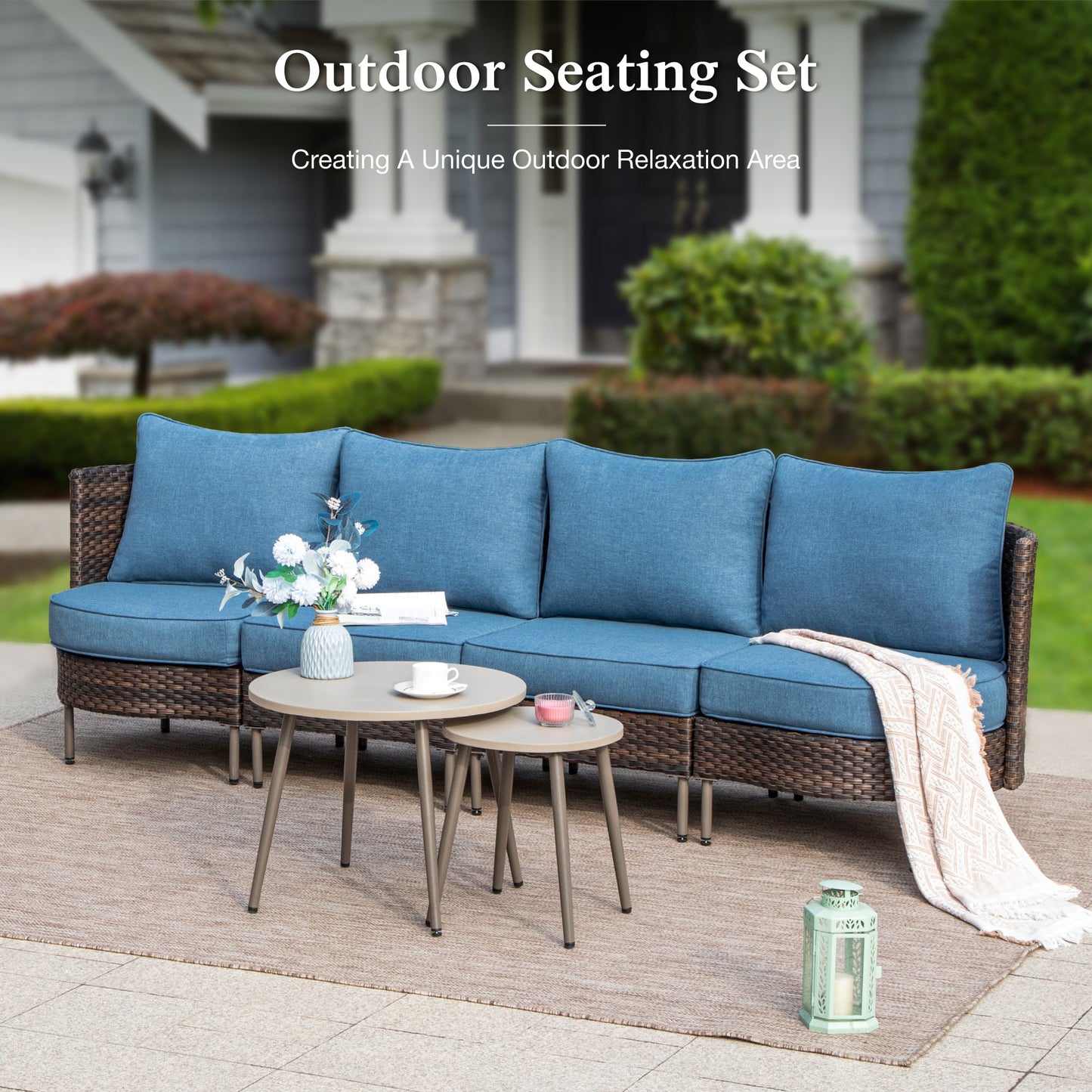 Sophia & William 6 Pieces Wicker Patio Furniture Set 4-Seat Outdoor Conversation Set with Coffee Table & Cushioned Chairs, Brown & Blue