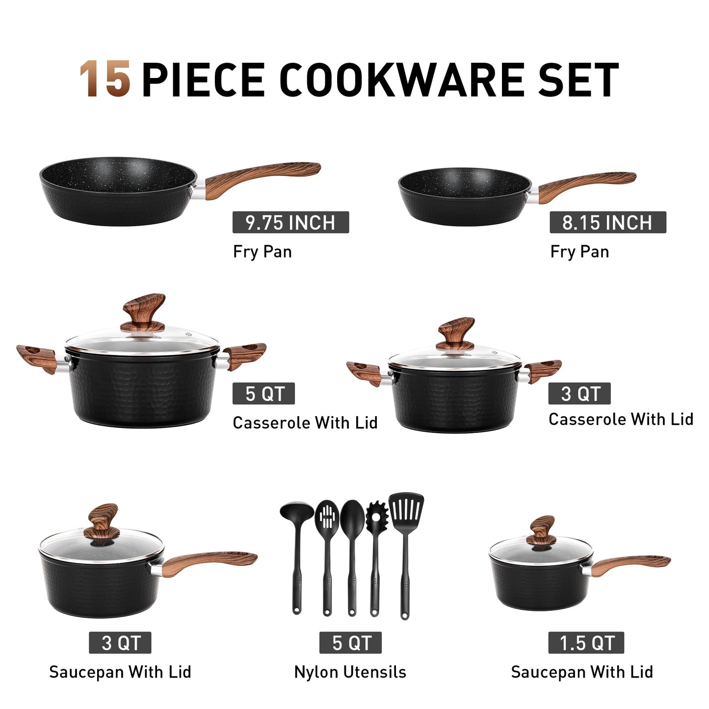 Sophia & William 15 Pieces Kitchen Nonstick Granite-Coated Cookware Set - Black