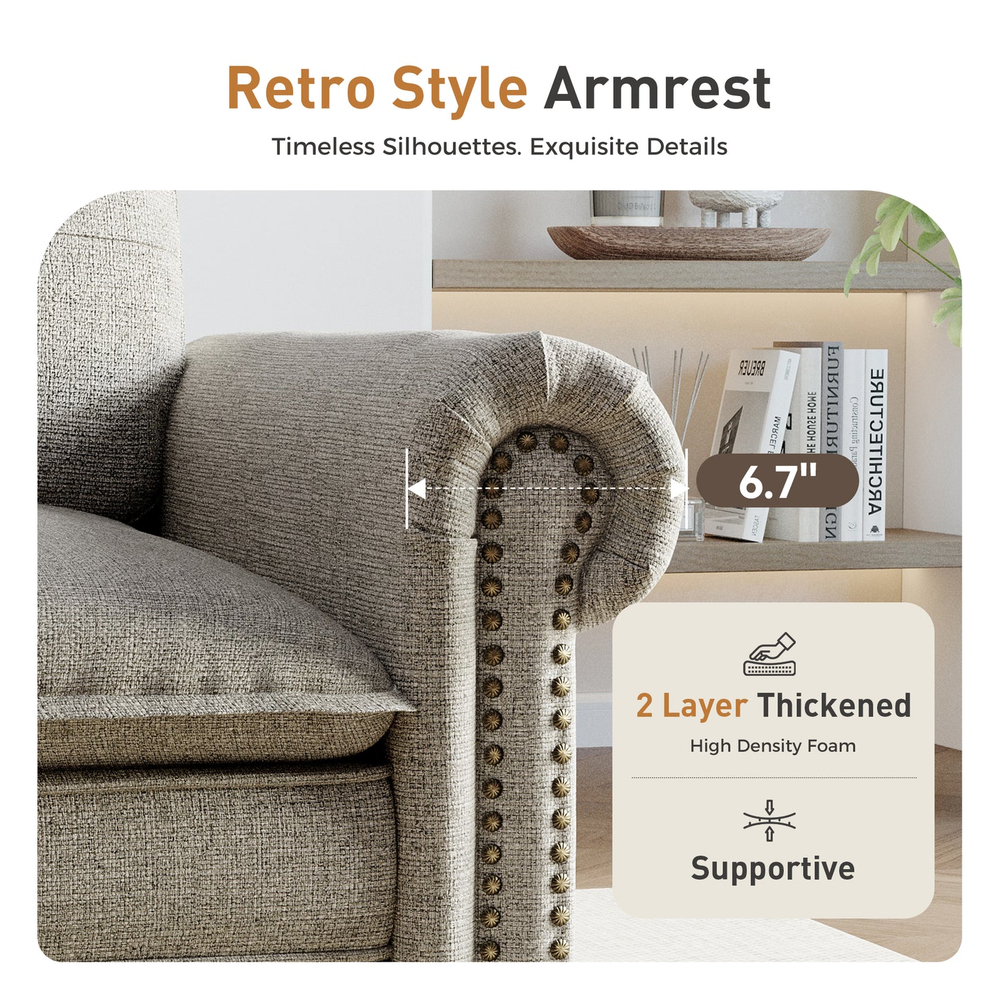 Sophia&William 3-Seat Sectional Sofa Set, Mid-Century Linen Cloud Couch Modular Sofa with Nailhead Trim, 3 Pillows for Living Room Furniture Sets, Light Gray