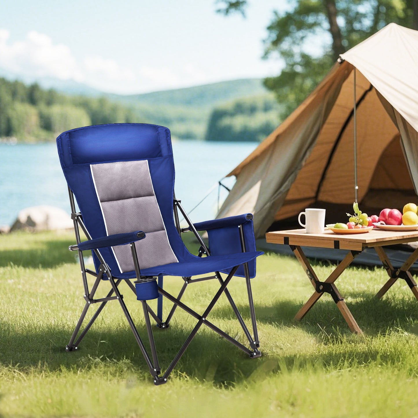 Sophia & William Heavy Duty High Back Camping Chairs 500lbs Capacity Oversized Folding Chairs with Cup Holder, Portable for Outdoor, Beach and Picnic, Blue