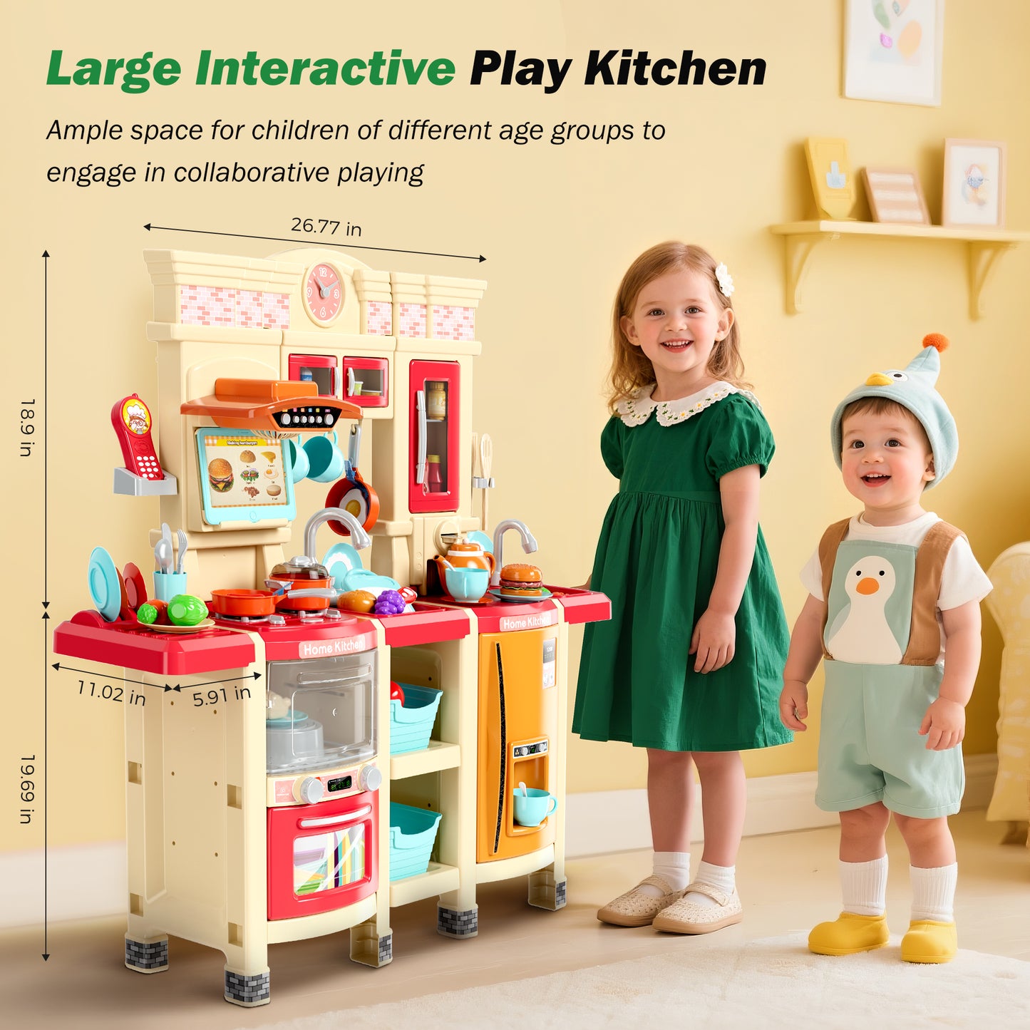 Sophia & William 87Pcs Pretend Play Kitchen 38.59Inch Toy Sets for Kids w/Realistic Sounds & Lights, Microwave Oven, Range Hood, Faucet, Cooking Stove, Sink, Red