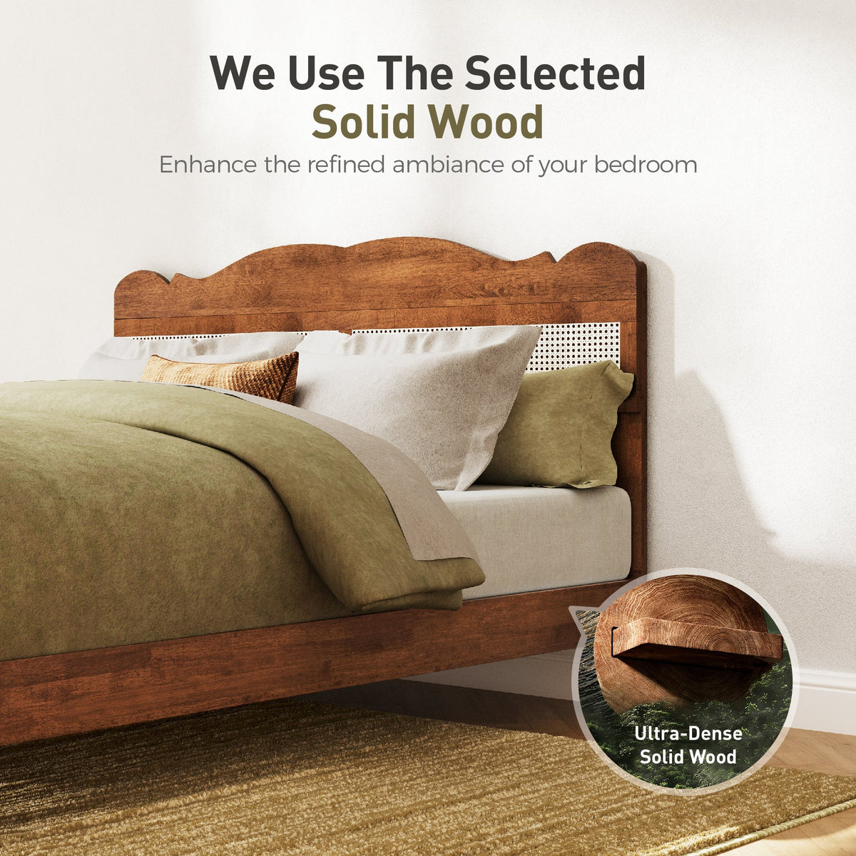 Sophia & William King Size Wood Platform Bed Frame with Wooven Rattan Adjustable Headboard & Wooden Slats,No Box Spring Needed