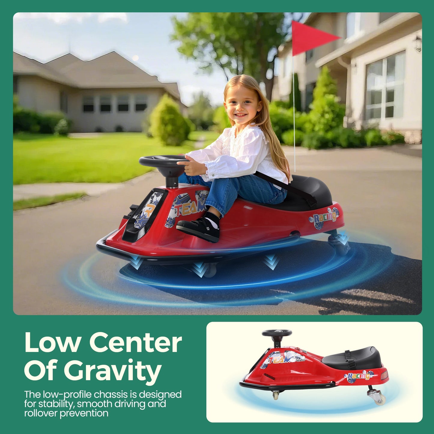 Alpha Joy Kids Crazy Drift Car 24V 181W Electric Drifting Go-Kart w/Rechargeable Battery, Colorful Light, Bluetooth Music & Safety Harness, Red