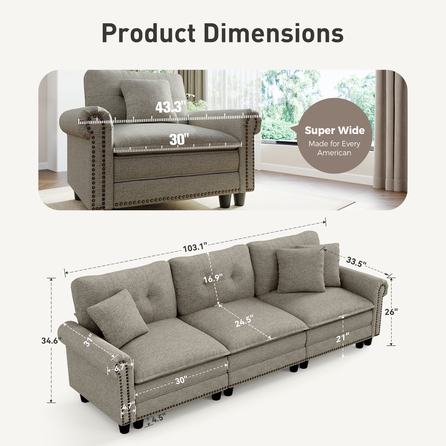Sophia&William 3-Seat Sectional Sofa Set, Mid-Century Linen Cloud Couch Modular Sofa with Nailhead Trim, 3 Pillows for Living Room Furniture Sets, Light Gray