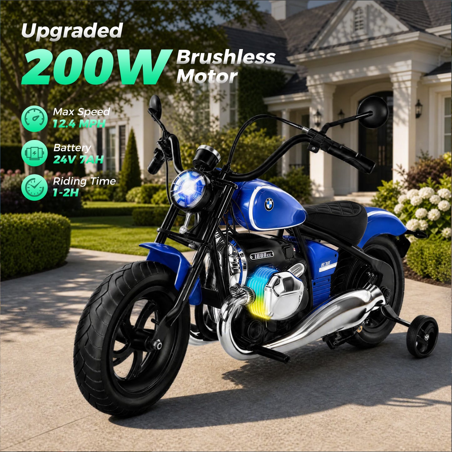 Alpha Joy BMW Licensed Electric Motorcycle 24V Battery Powered Electric Vehicle Car for Kids 200W 13 MPH Ride on Car with All-Terrain Tires, Removable Training Wheels for Boys Girls Age 8-12, Blue