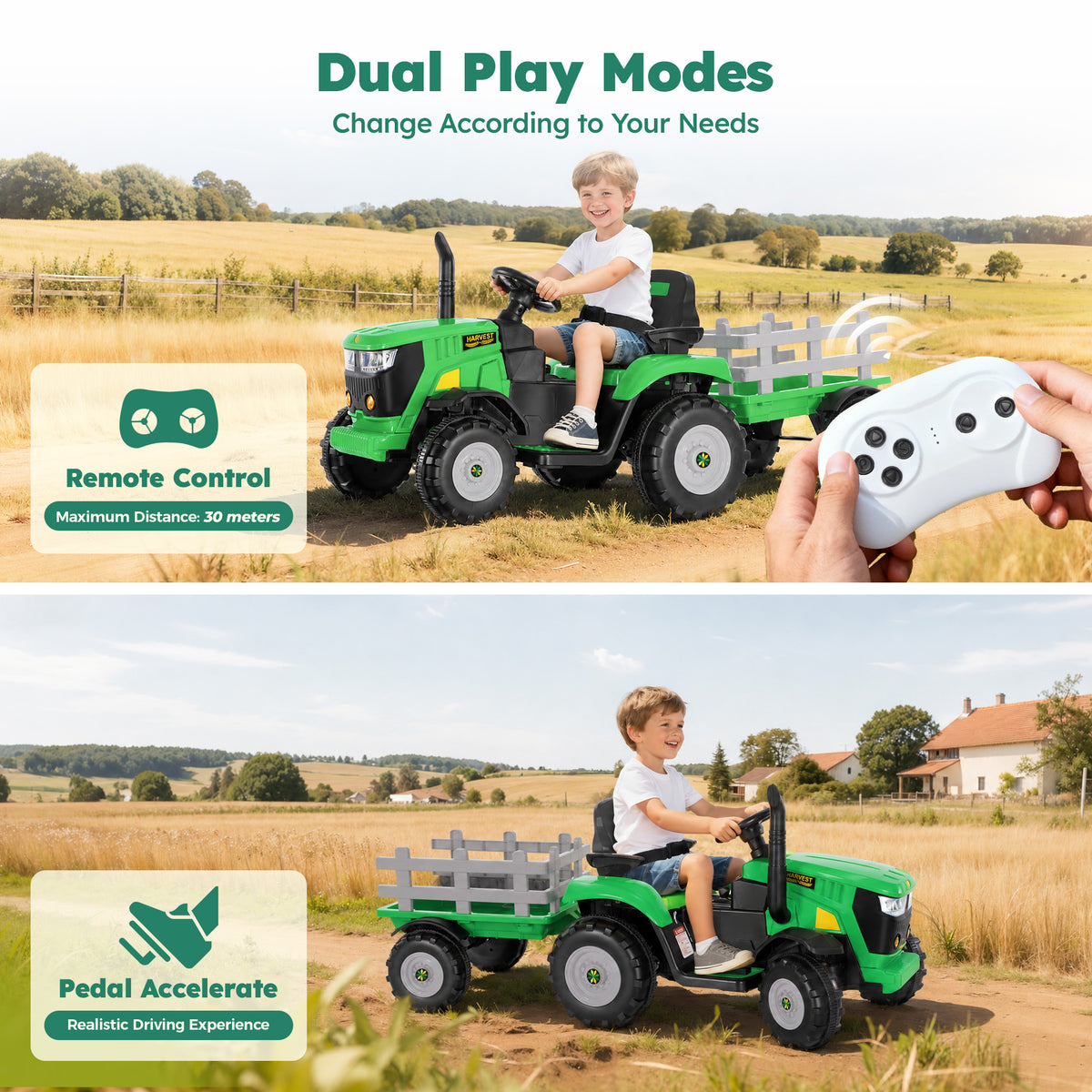 Alpha Joy 24V Powered Ride on Tractor with Detachable Trailer Electric Toy Car with Remote Control, Tippable Trailer, USB, Headlight, Bluetooth, 3 Speed Adjustable for Kids 3+, Green