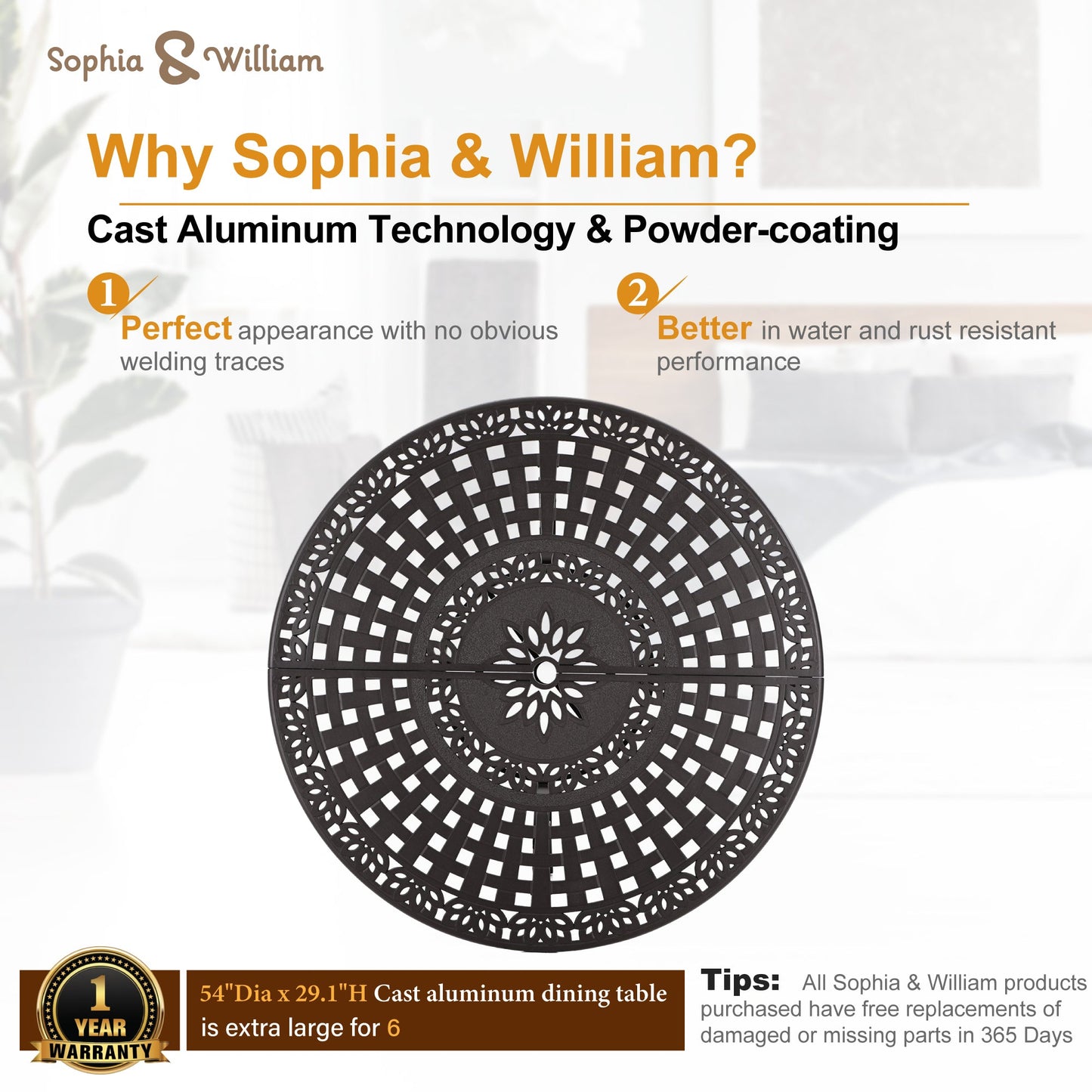 Sophia & William 7 Pieces Cast Aluminium Patio Dining Furniture Set for 6, Powder-coating Outdoor Swivel Rocking Dining Chairs and Round Table with 2.2" Umbrella Hole for Porch Backyard Deck, Bronze