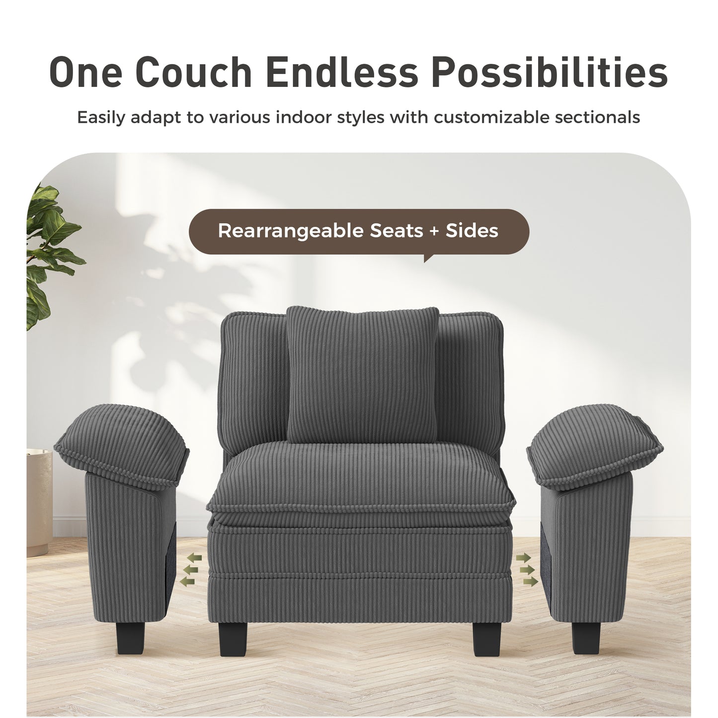 Sophia&William 3-Seat Modular Sectional Sofa Sets, Modern Corduroy Couch Cloud Sofa with Throw Pillows for Living Room,Gray