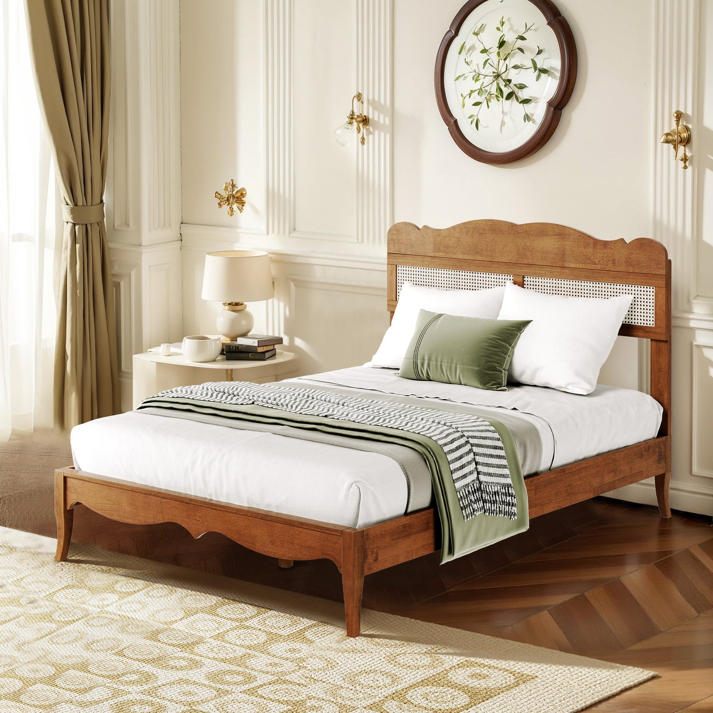 Sophia & William Full Size Wood Platform Bed Frame with Wooven Rattan Headboard & Wooden Slats,No Box Spring Needed