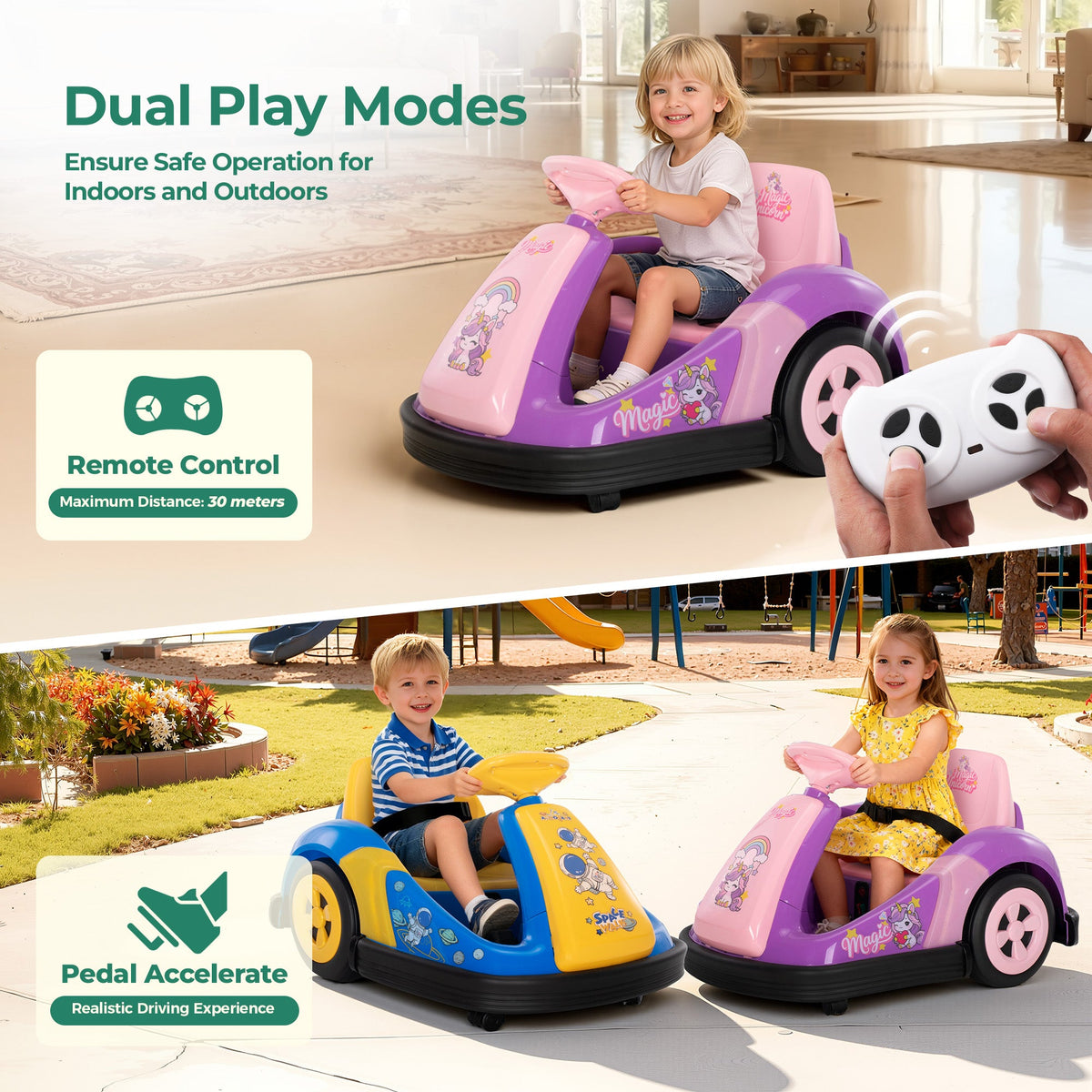 Alpha Joy Kids 12V Bumper Car with Steering Wheel & Remote Control, 3-Color LED Lights, 3 Speeds, Electric Ride-on Car for 3-6 Years, Pink