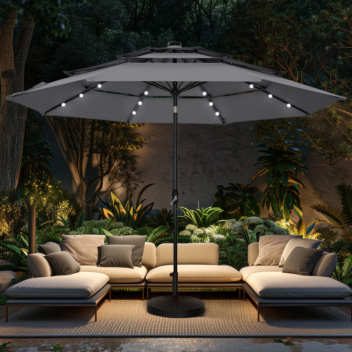 Alpha Joy 10ft 3 Tier Auto-tilt Outdoor Patio Umbrella Beach Garden Double Vented Table Umbrella with Solar Lights, Smoky Gray