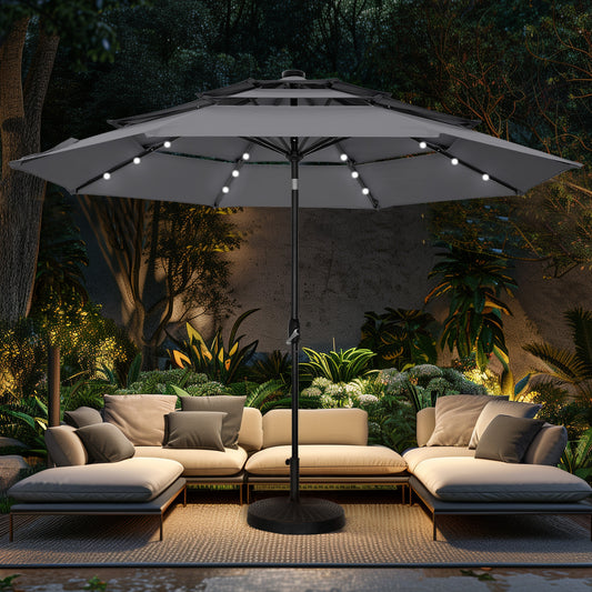 Alpha Joy 10ft 3 Tier Auto-tilt Outdoor Patio Umbrella Beach Garden Double Vented Table Umbrella with Solar Lights, Smoky Gray