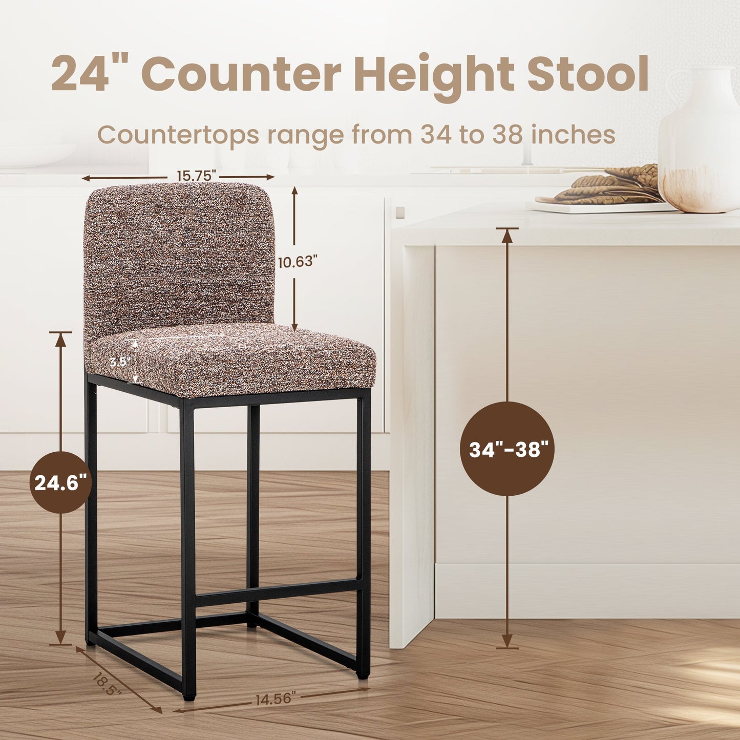 Sophia & William Counter Height Bar Stools with High Backrest 2 Pack Soft & Durable Chenille Fabric Bar Stools for Kitchen Island, Brown