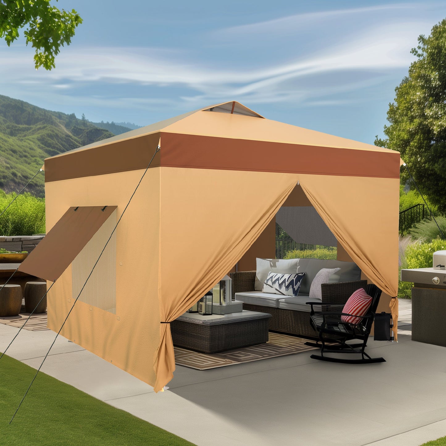 Alpha Joy 10'x 10' Instant Canopy Outdoor Ez Up Outdoor Canopy Shelter Tent with 4 Side Walls, Beige