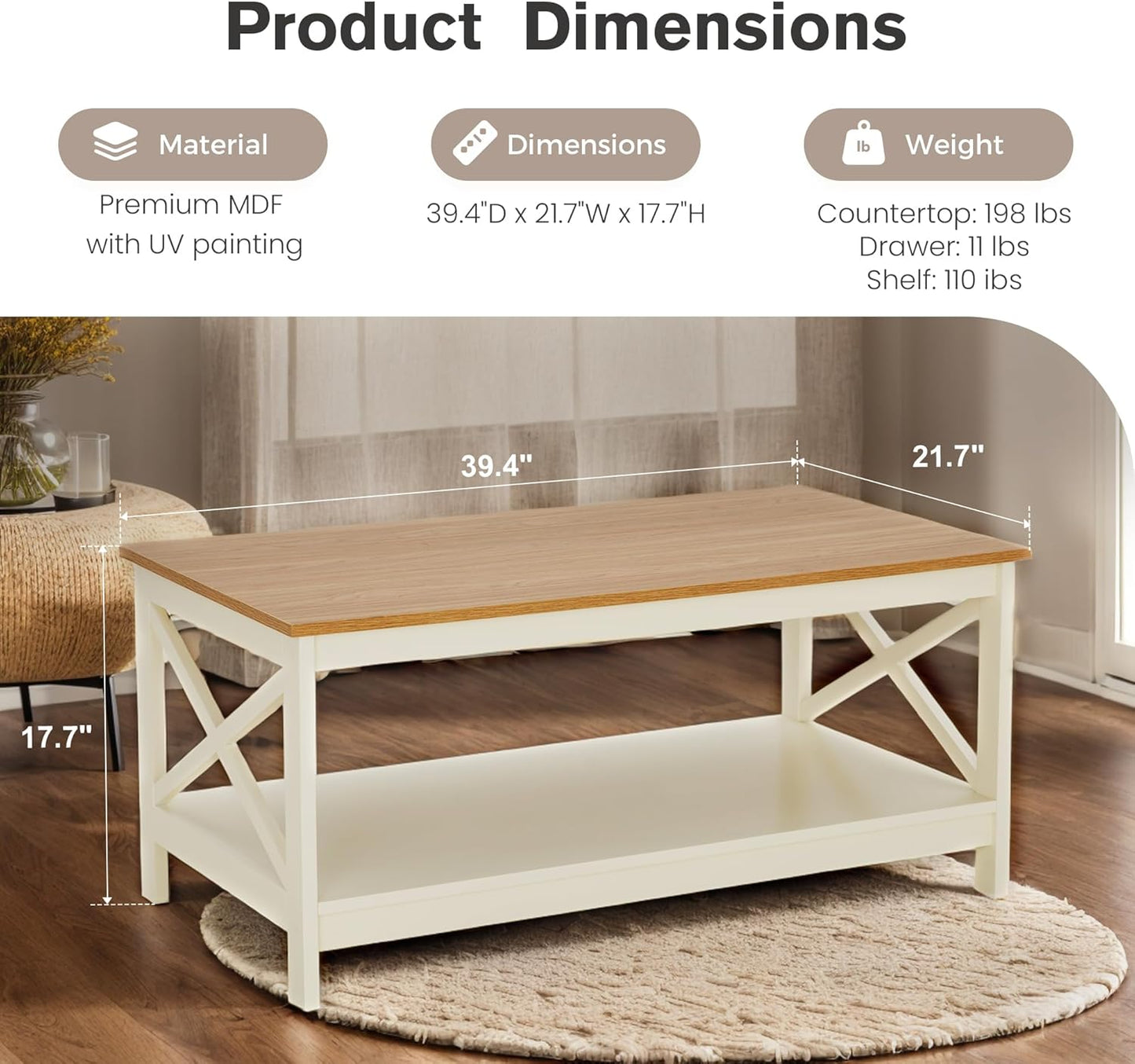 PHI VILLA Farmhouse Coffee Table for Living Room, White Coffee Tables with Storage Rustic Style Modern