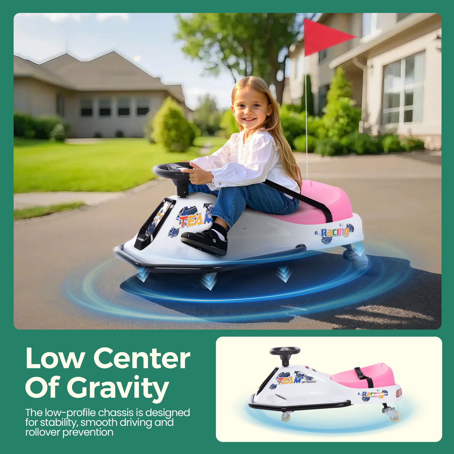 Alpha Joy Kids Crazy Drift Car 24V 181W Electric Drifting Go-Kart w/Rechargeable Battery, Colorful Light, Bluetooth Music & Safety Harness, Pink
