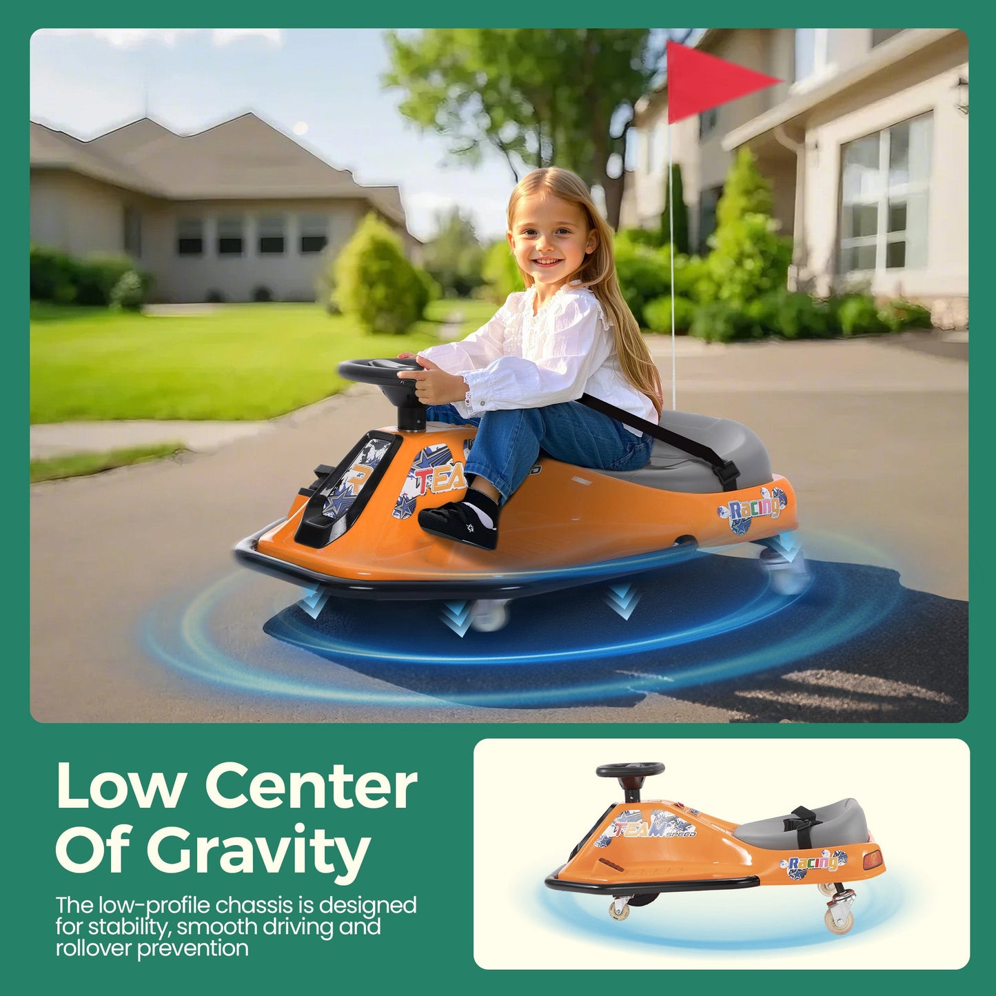 Alpha Joy Kids Crazy Drift Car 24V 180W Electric Drifting Go-Kart w/Rechargeable Battery, Colorful Light, Bluetooth Music & Safety Harness, Orange