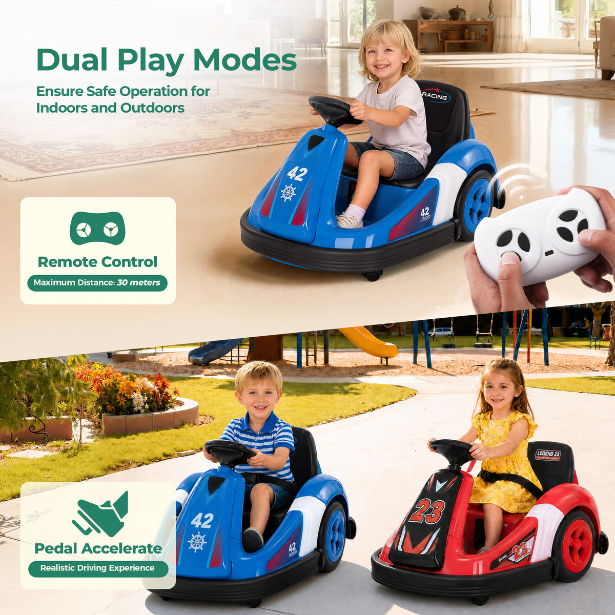Alpha Joy Kids 12V Bumper Car with Steering Wheel & Remote Control, 3-Color LED Lights, 3 Speeds, Electric Ride-on Toys Car for 3-6 Years, Royal Blue