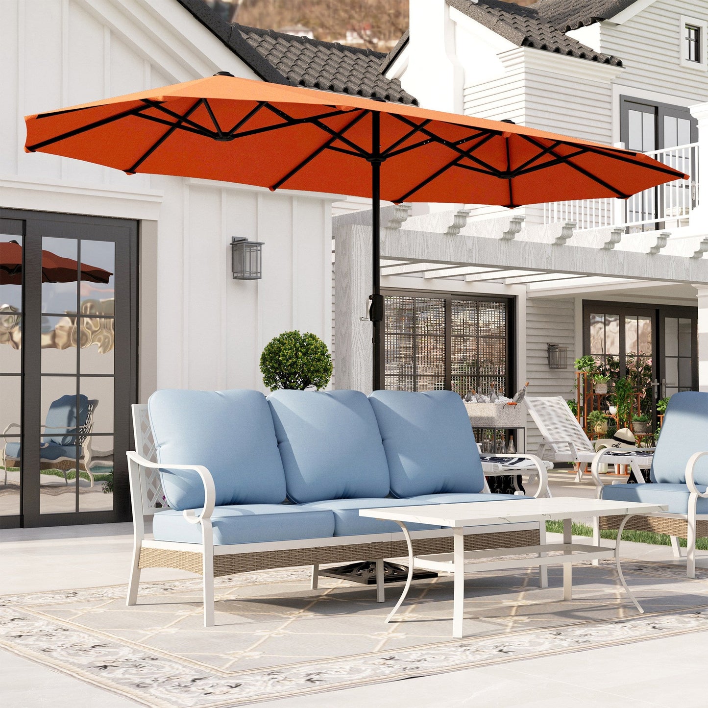 Alpha Joy 13x6.5ft Double-Sided Extra Large Outdoor Patio Market Rectangle Umbrella with Crank Handle, Orange Red
