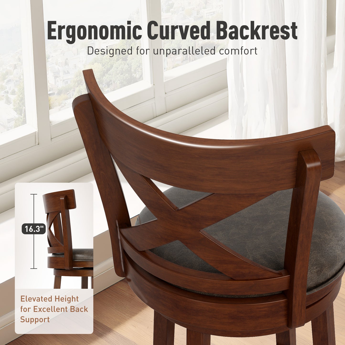 Sophia & William 30" Swivel Bar Stools, Set of 6 with Cross Back Durable Wood Frame Padded Counter Stools for Kitchen Island,Brown