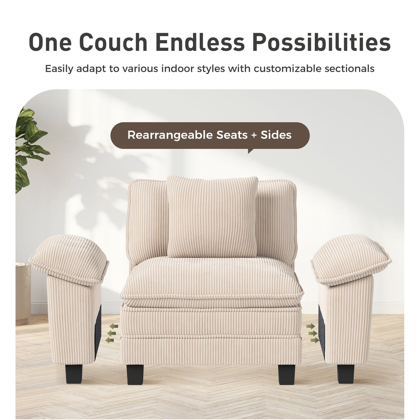 Sophia&William 3-Seat Convertible Sectional Sofa Couch, Modern Corduroy Couch Cloud Sofa Modular for Living Room,Beige