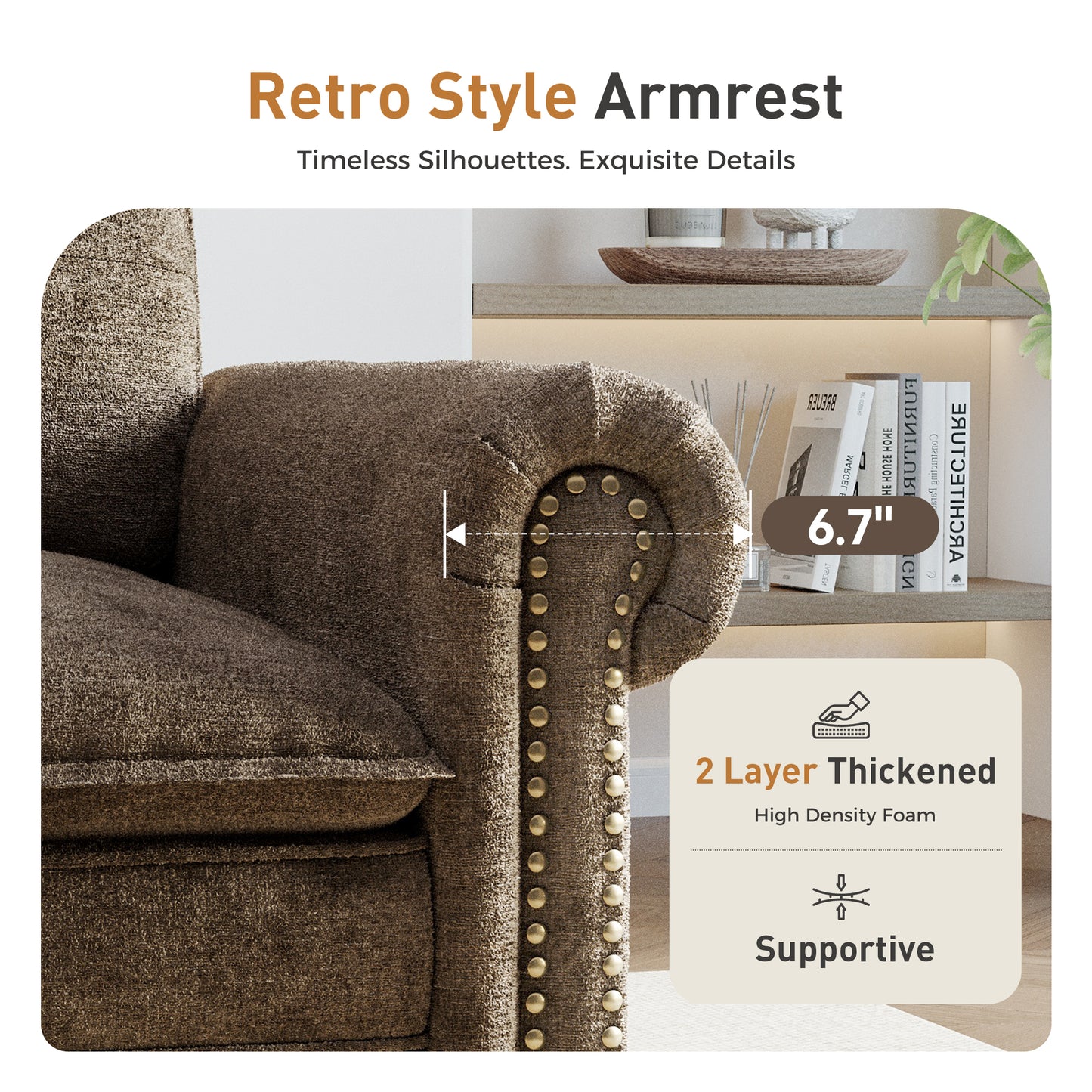 Sophia&William 2-Seat Modular Sectional Sofa Set, Mid-Century Chenille Cloud Couch Oversized Sofa with Retro Nailhead Trim and 2 Throw Pillows for Living Room, Taupe