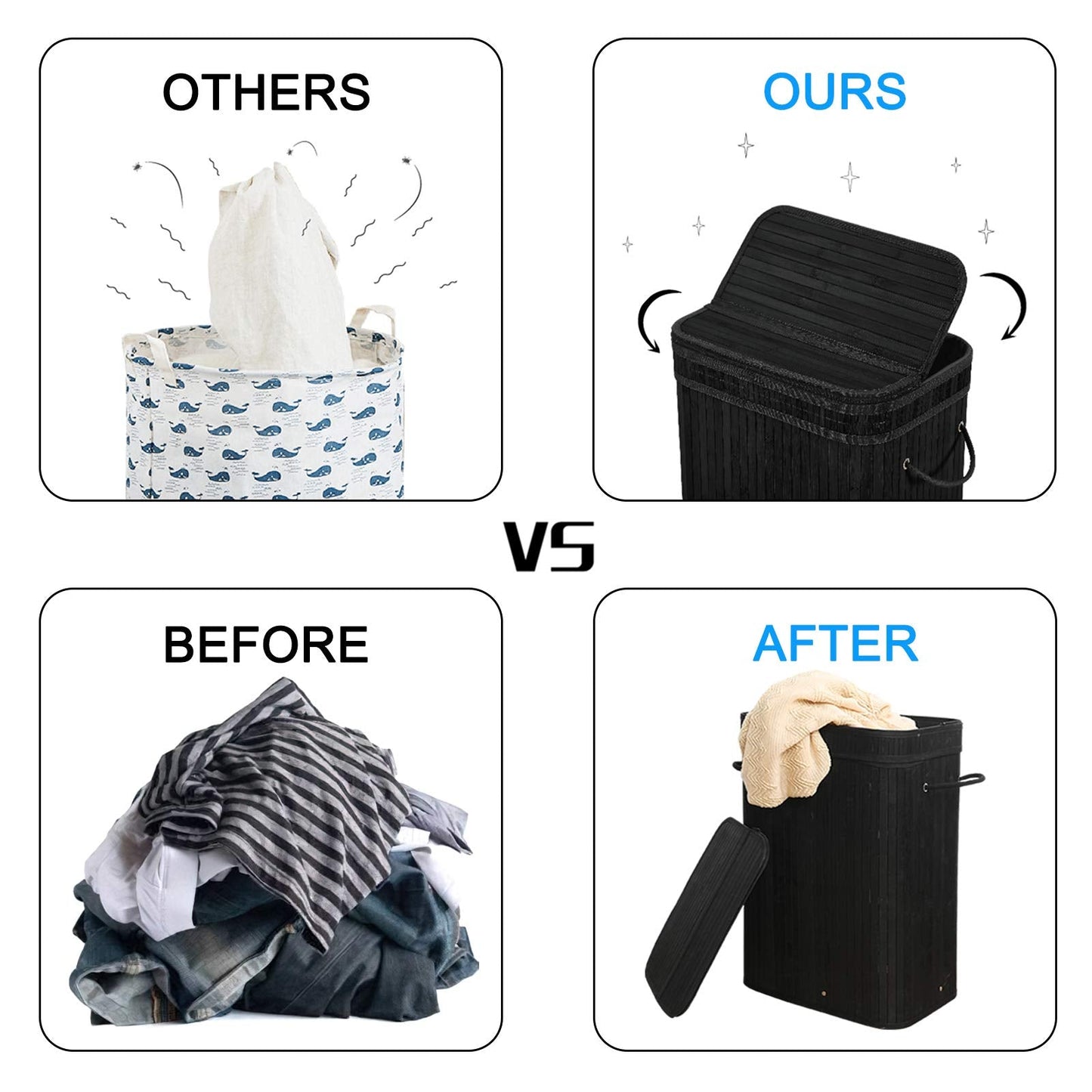 Sophia & William Laundry Hamper with Lid, 72L Bamboo Laundry Basket with Removable Liner, Collapsible Storage Dirty Clothes Basket with Handles for Laundry Bedroom, Black