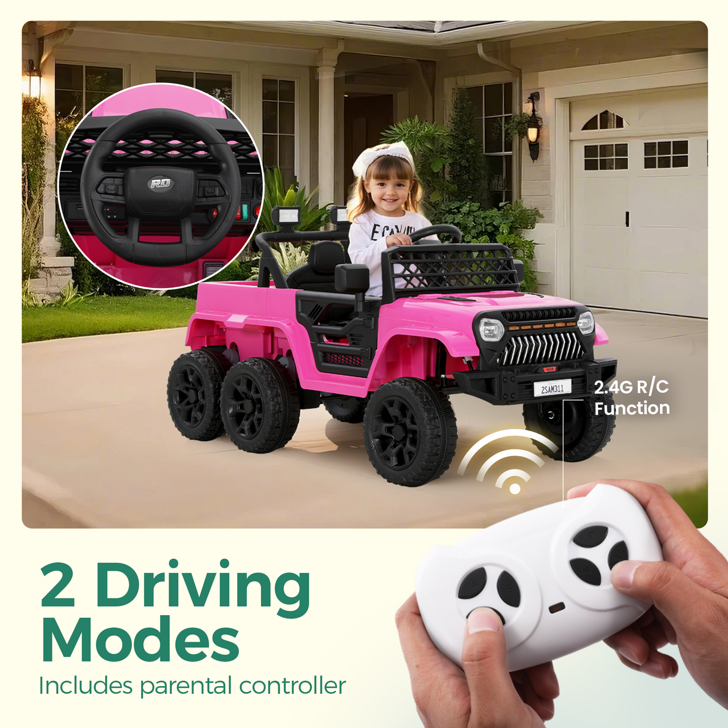 Alpha Joy Kids Ride on Truck 6-Wheel Electric Jeep Car with Remote Control Battery Powered Toy Car w/2WD/4WD Switch, LED Lights, Bluetooth Music, Pink
