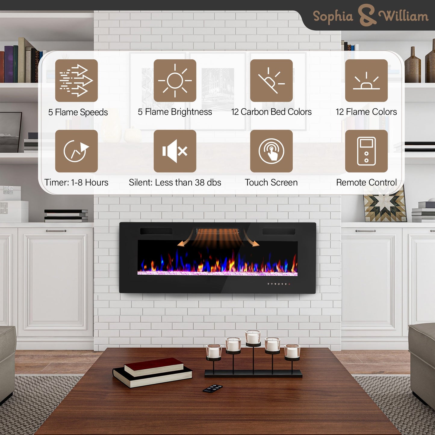 Sophia & William 50 inch Electric Fireplace,Recessed Wall Mounted Fireplace Insert,Ultra-Thin Linear Fireplace
