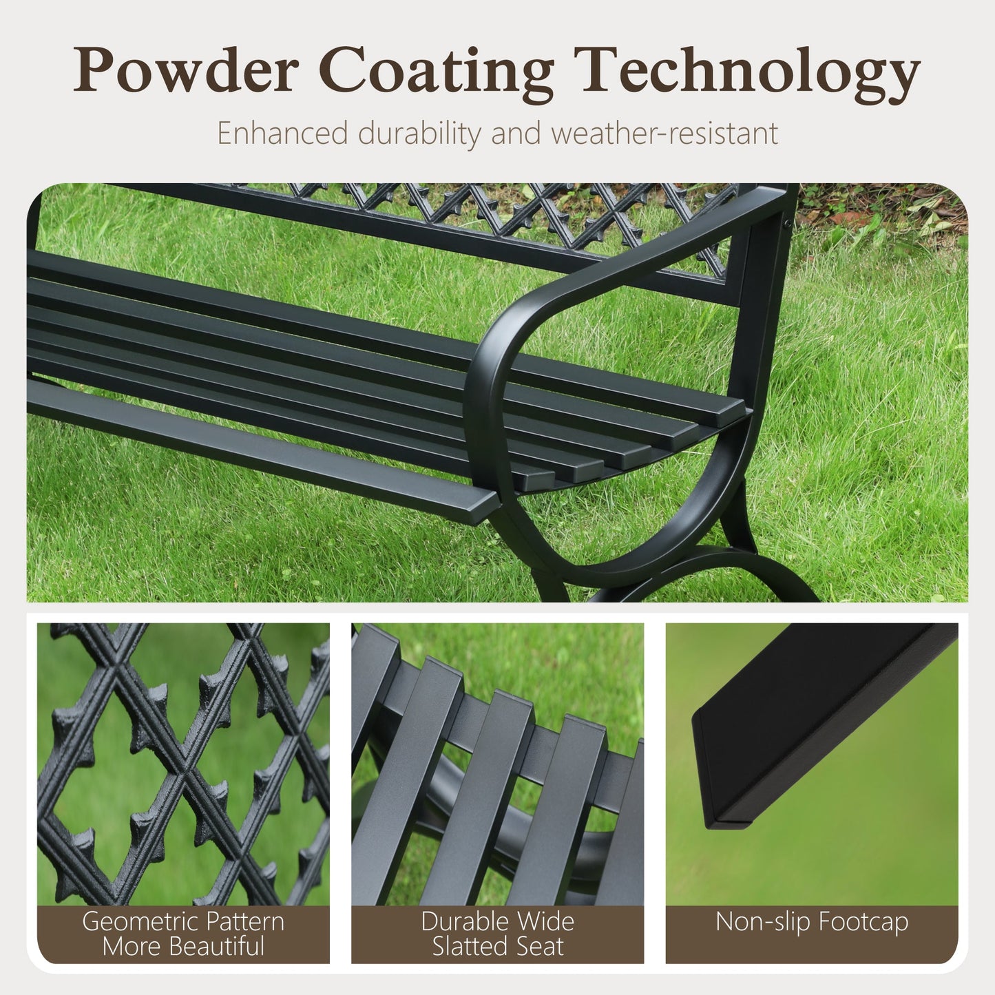 50" Black Outdoor Park Bench with Stylish Camelback Back Frame, Durable & Comfortable