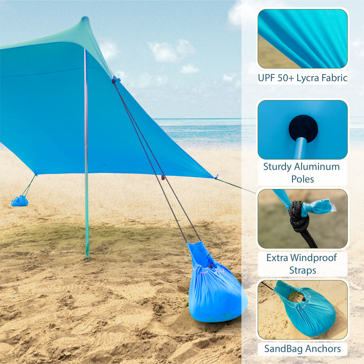 Sophia & William 7.6'x7.2' Sunshade Beach Tent UPF 50+ Sun Shelter Portable Canopy Beach Tent for 3-4 Person, Blue