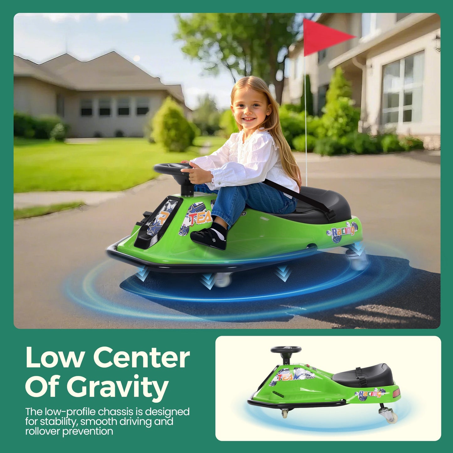 Alpha Joy Kids Crazy Drift Car 24V 182W Electric Drifting Go-Kart w/Rechargeable Battery, Colorful Light, Bluetooth Music & Safety Harness, Green