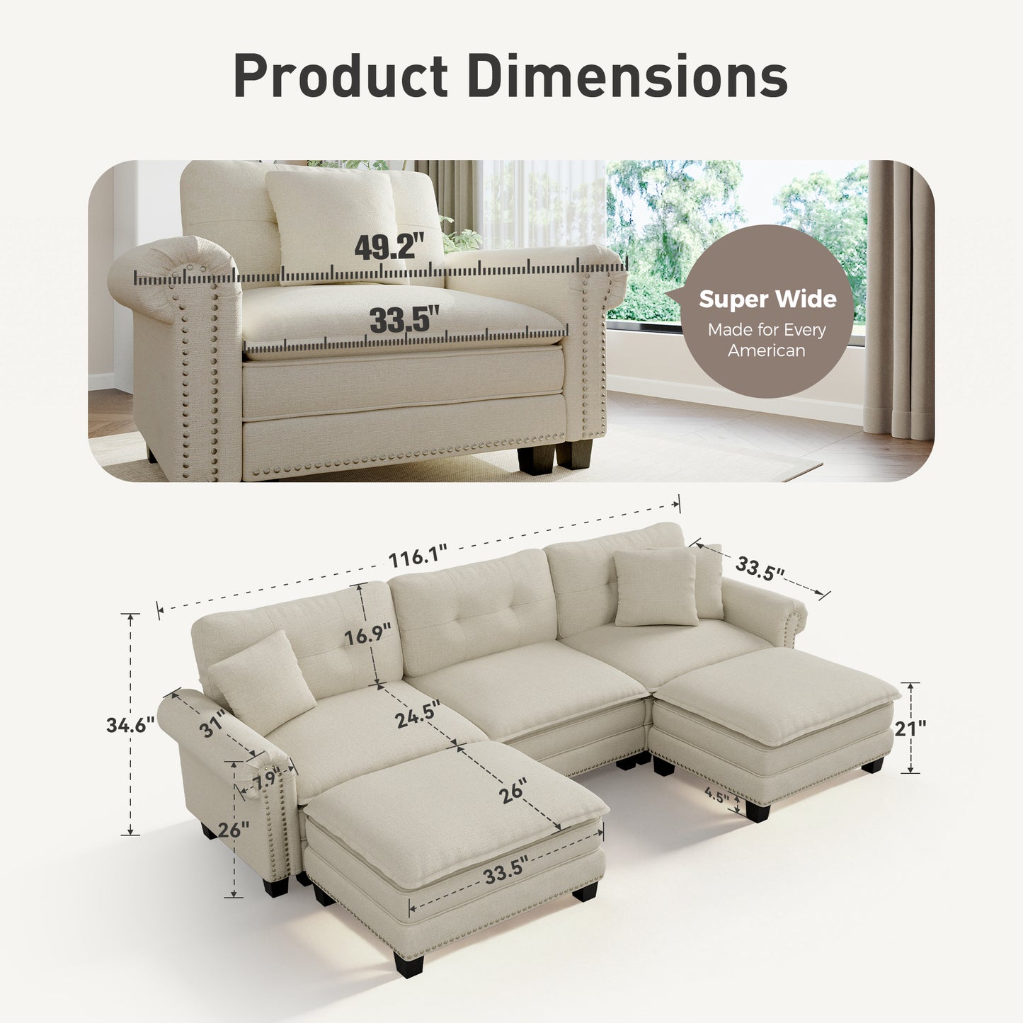 Sophia&William Modular Sectional Sofa Set, U-shaped Linen Cloud Couch 5-Seat Nailhead Trim Cloud Sofa Set with 3 Pillows for Living Room, White