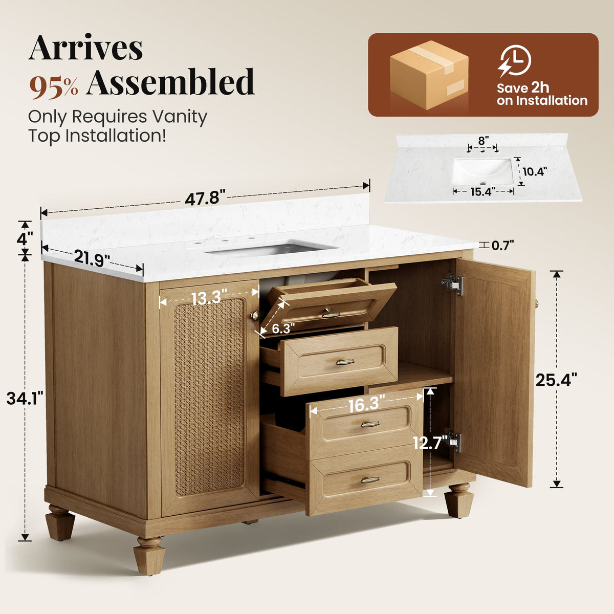 Sophia & William 48" Bathroom Vanity with Sink Freestanding Wood Bathroom Cabinet Vanity with 2 Doors of Adjustable Shlves, 1 Tip-out Drawers, 2 Pull-out Drawers and 1 Elevated Drawer, Light Oak