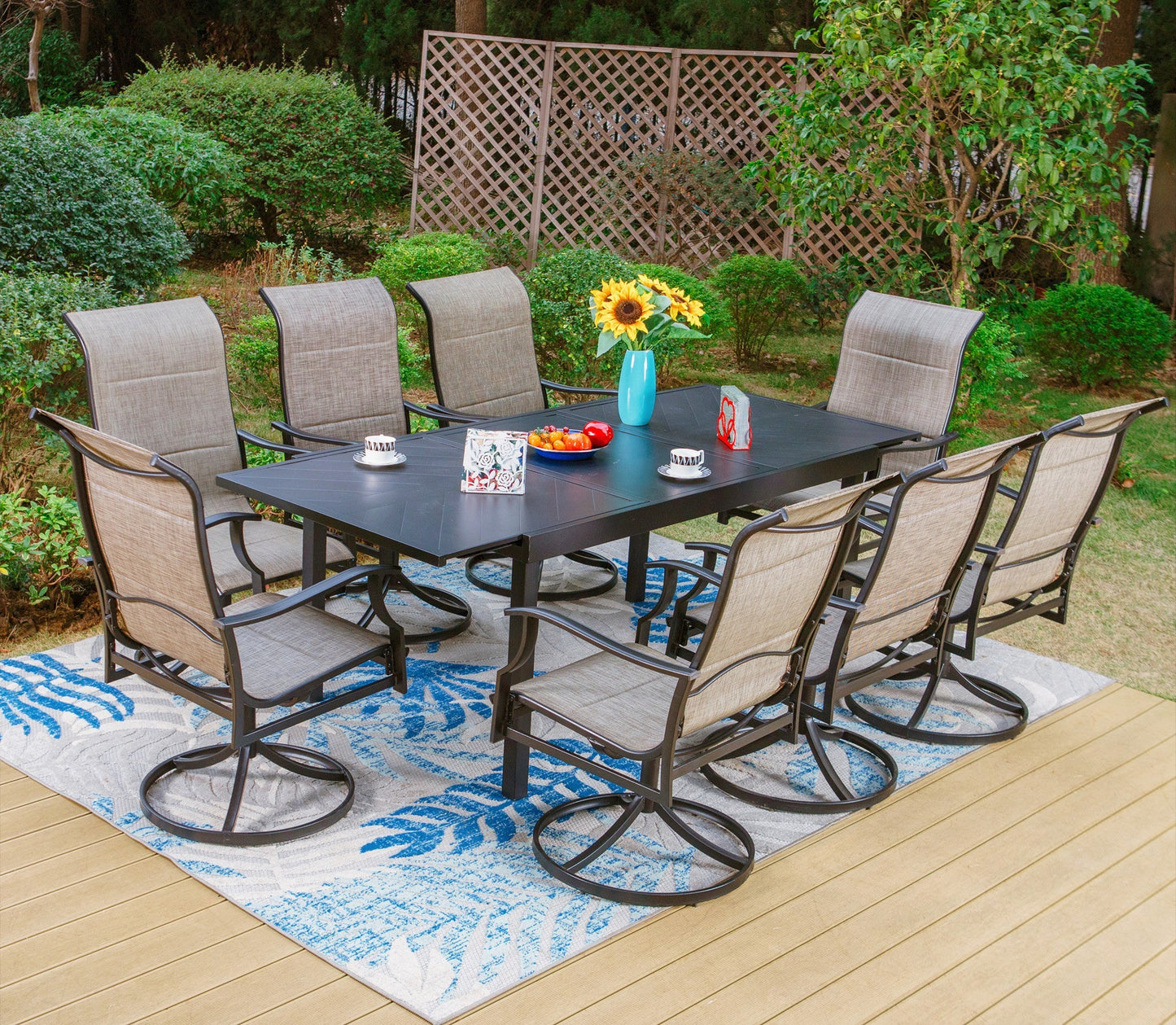 Sophia & William 9 Pieces Metal Outdoor Patio Dining Set with Gray Padded Textilene Swivel Chairs and Black Extendable Table