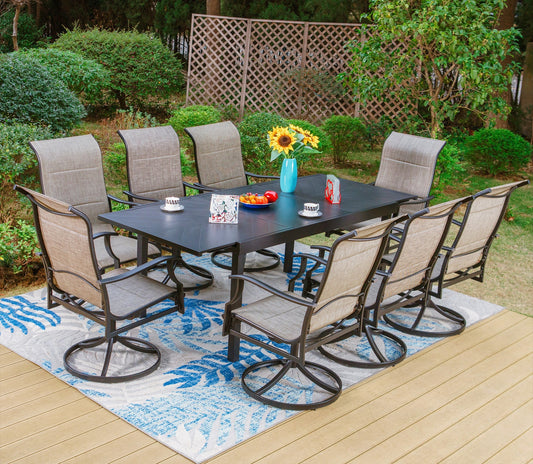 Sophia & William 9 Pieces Metal Outdoor Patio Dining Set with Gray Padded Textilene Swivel Chairs and Black Extendable Table