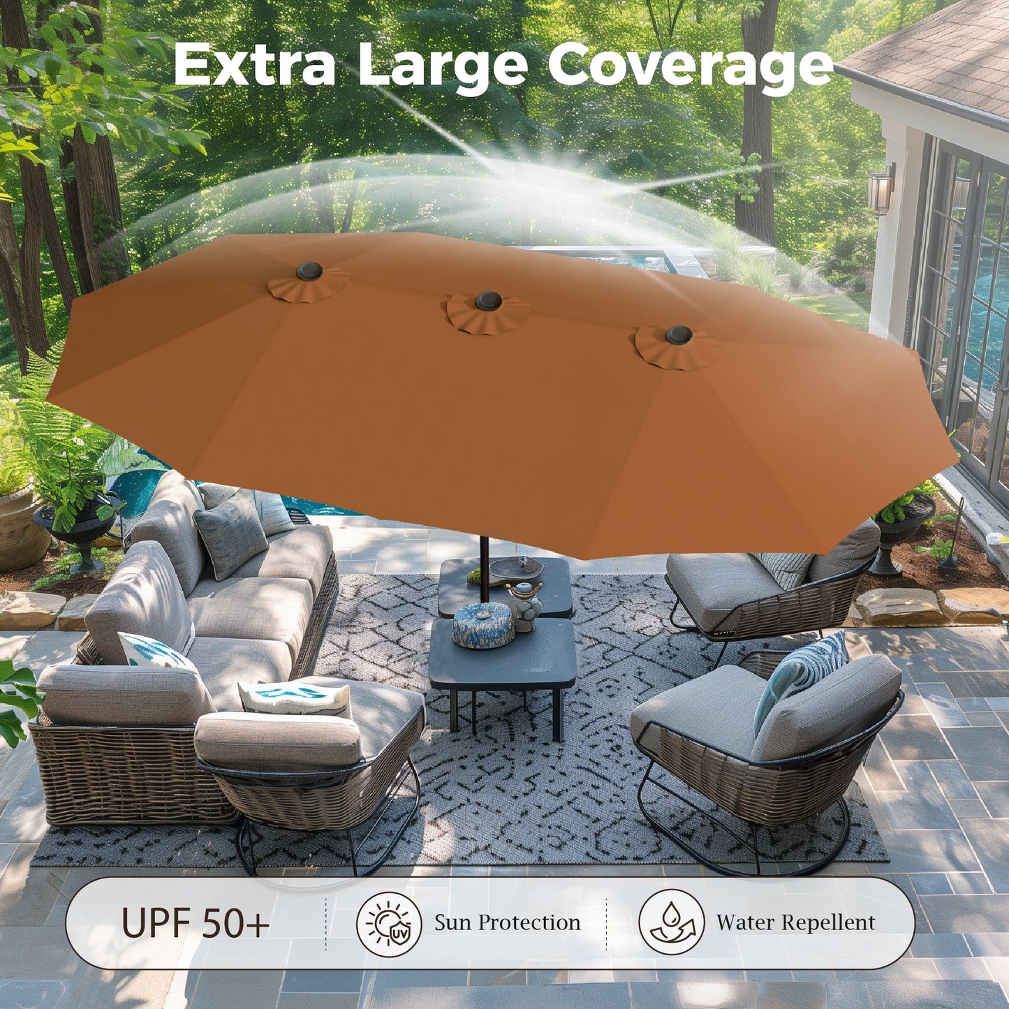 Alpha Joy 15ft Outdoor Patio Umbrella Extra-Large Double-Sided Garden Umbrella with Crank Handle and Base - Tawny