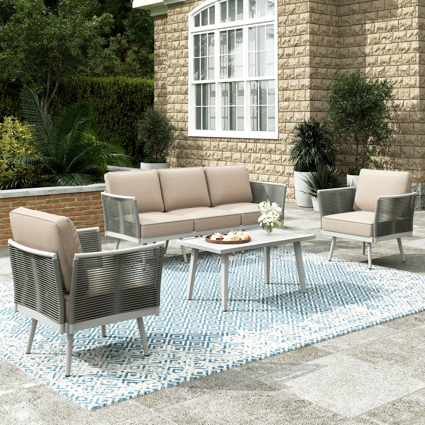 Sophia & William 4 Pieces Outdoor Patio Furniture Set 5-Seat Wicker Metal Patio Conversation Sofa Set with Classic Rope Rattan Style, Beige