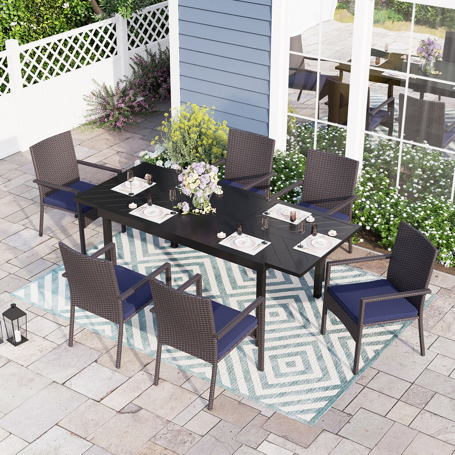 Sophia & William 7-Piece Patio Dining Set with Rattan Steel Chairs and Extendable Table