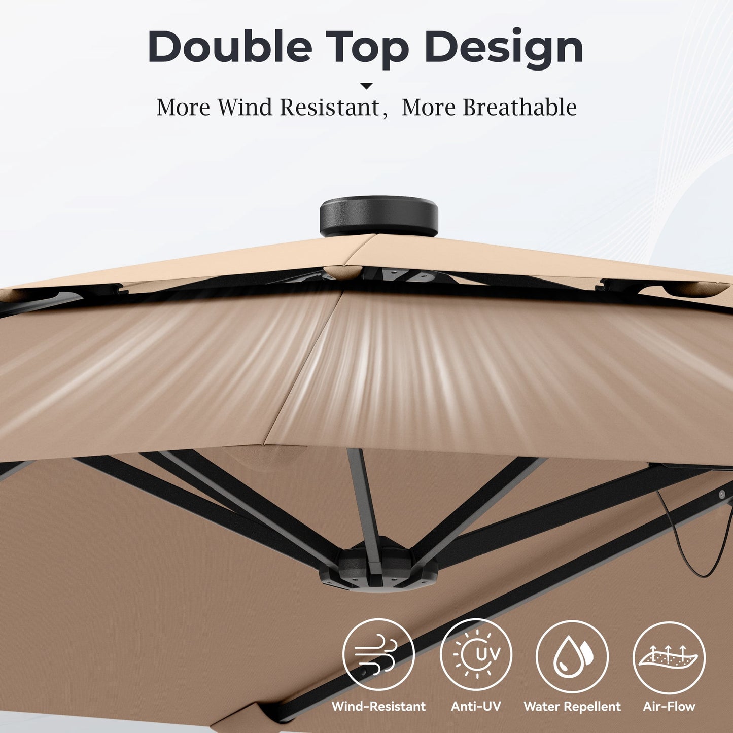 Alpha Joy 15ft Dual-Layer Extra Large Outdoor Patio Umbrella Double-Sided Ventilation Umbrella with Led Lights & Umbrella Base, Beige Patchwork