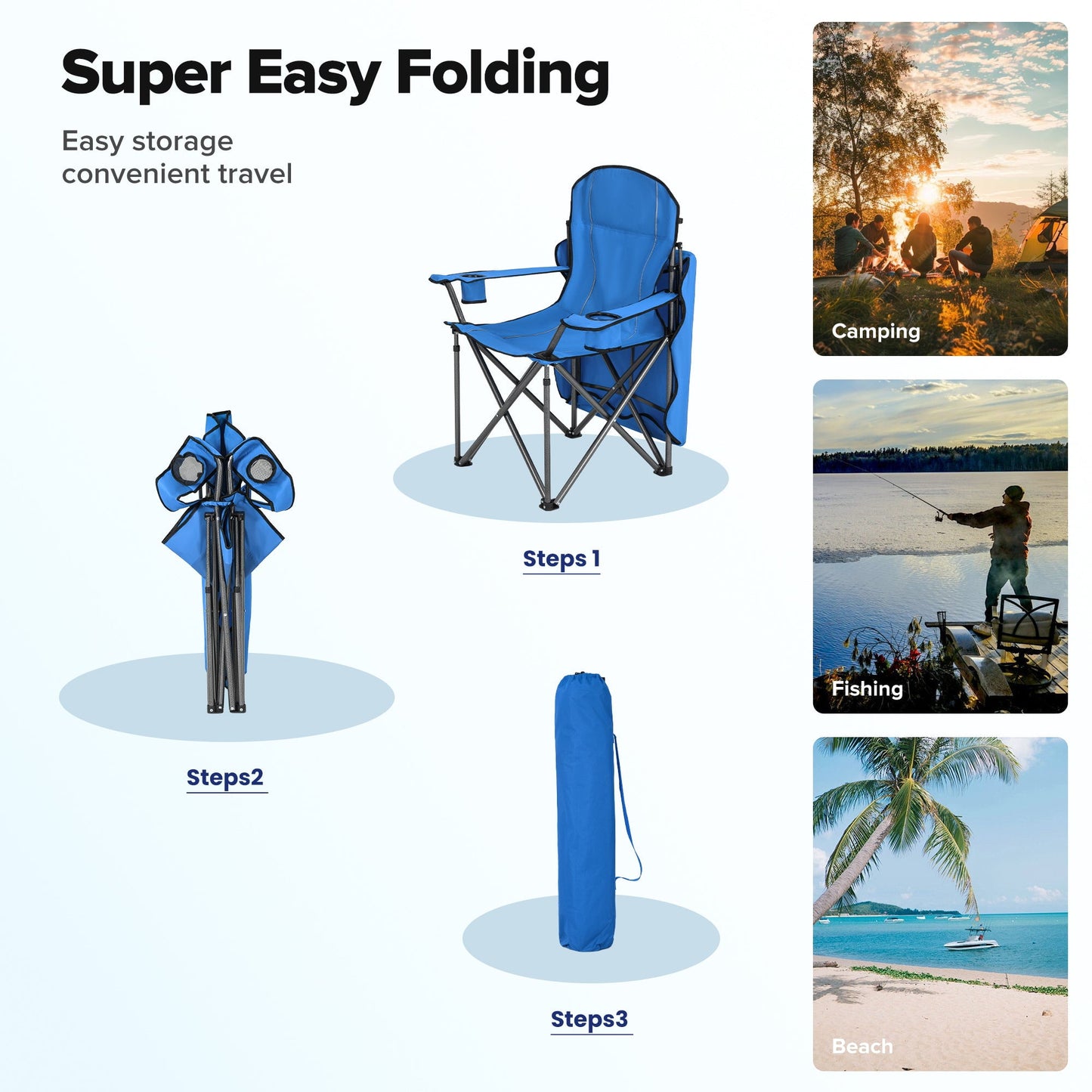 Sophia & William Heavy Duty Camping Chair Outdoor Oversized Padded Lawn Chair with Cooler, 450LBS Capacity, Navy