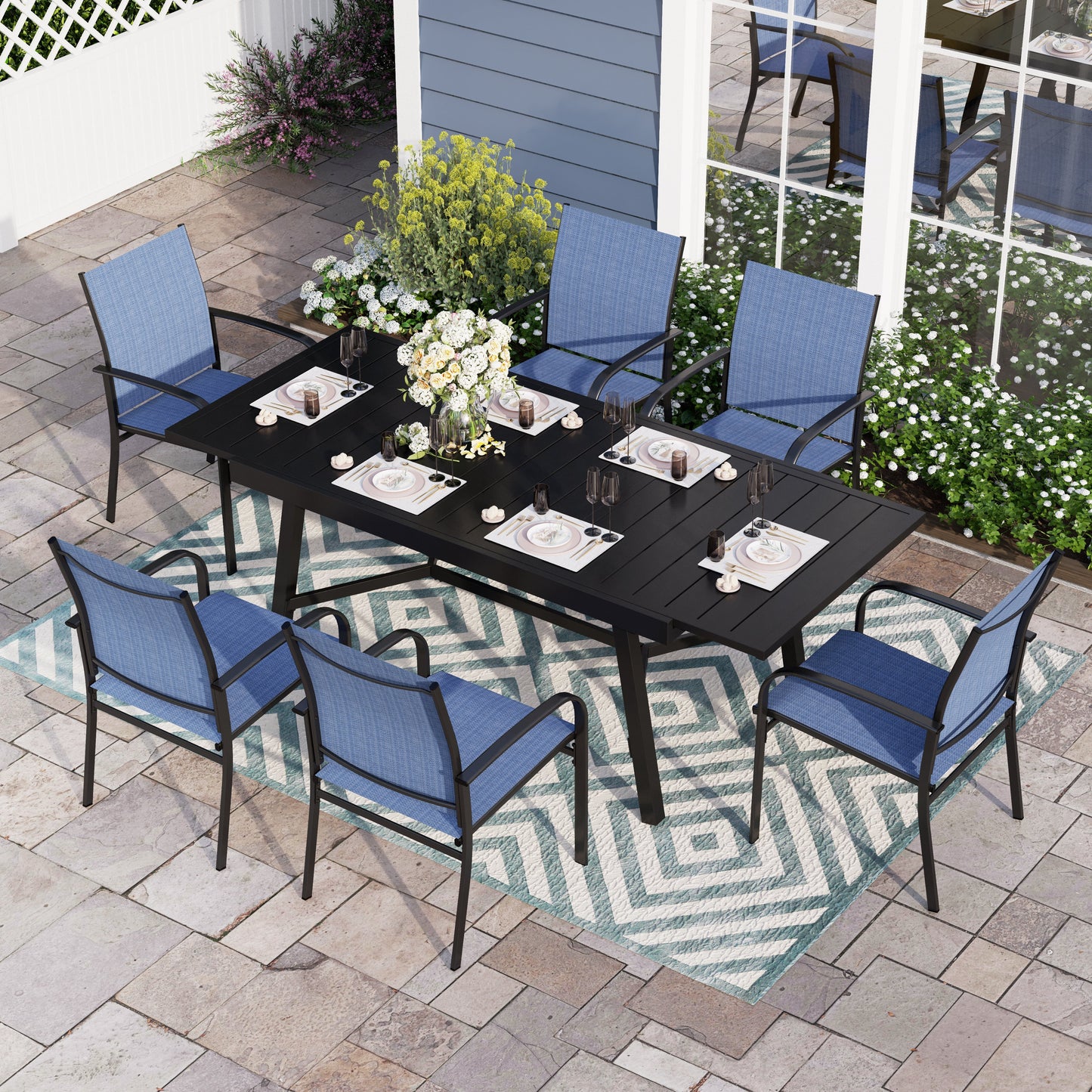 Sophia & William 7 Piece Patio Metal Dining Set Extendable Table and 6 Blue Textilene Chairs