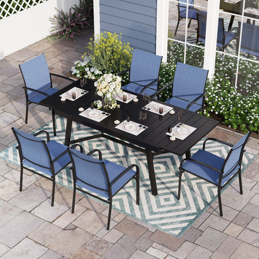 Sophia & William 7 Piece Patio Metal Dining Set Extendable Table and 6 Blue Textilene Chairs
