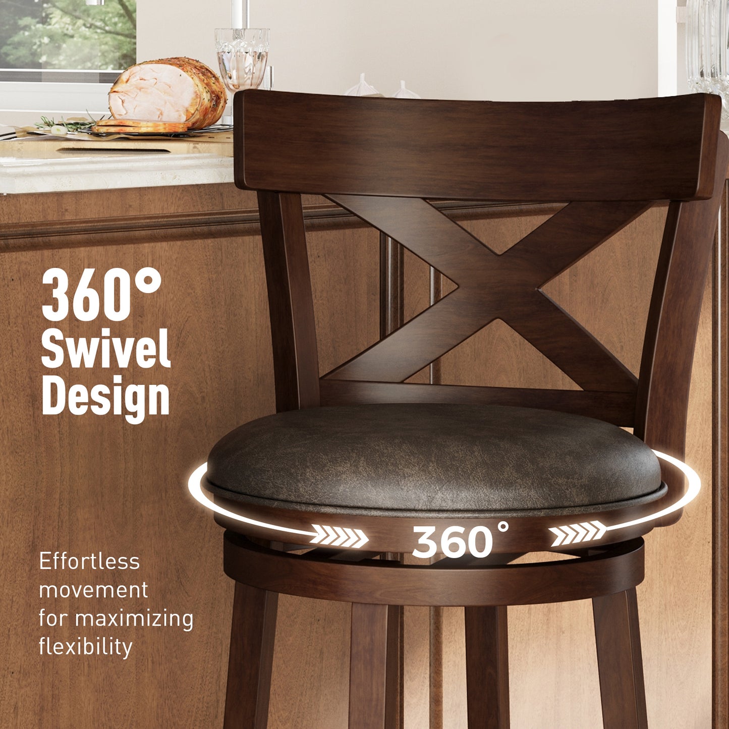 Sophia & William 30" Swivel Bar Stools, Set of 4 with Cross Back Durable Wood Frame Padded Counter Stools for Kitchen Island,Brown