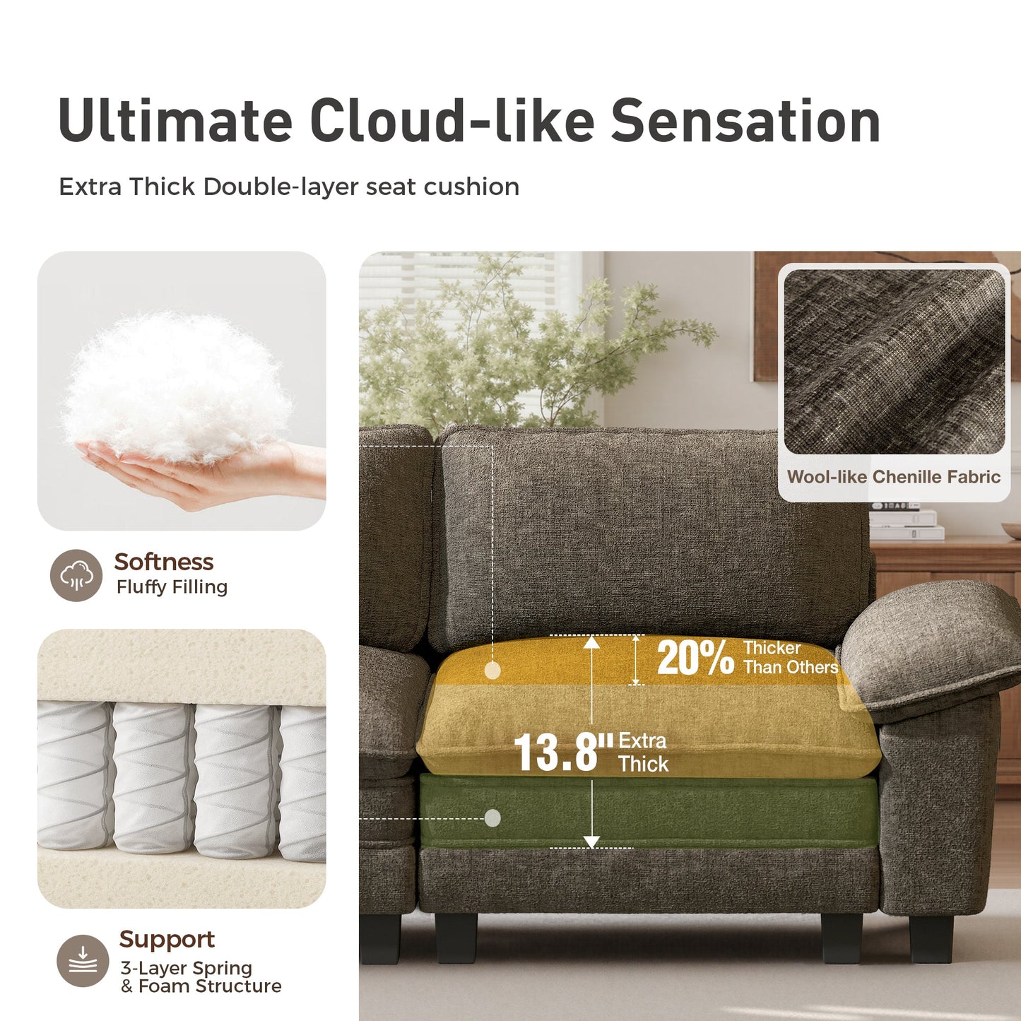 Sophia&William 123.6"L Convertible Sectional Sofa Couch, Modern Chenille Couch 3-Seat Modular Sectional Sofa with 3 Pillows for Living Room,Ash Gray