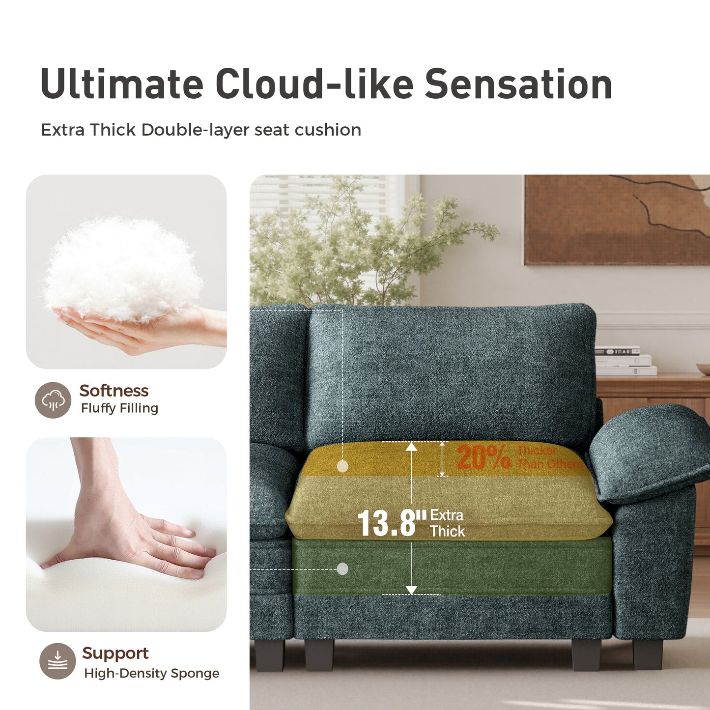 Sophia&William L-shaped Convertible Sectional Sofa Couch, Modern Chenille Couch Cloud Deep Seat Sofa Modular with 2 Pillows & Ottoman for Living Room, Apartment, Green