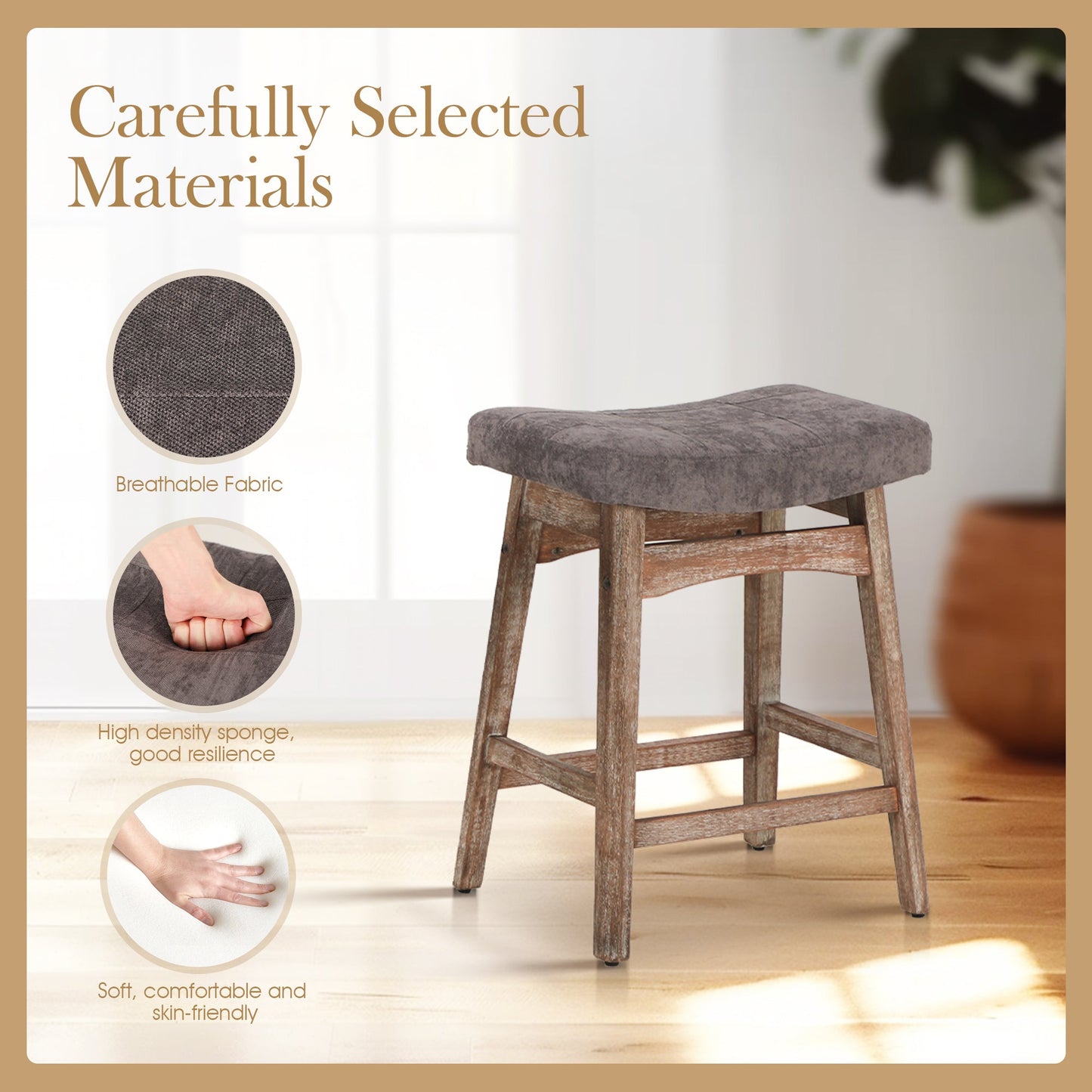 Sophia & William Counter Height Bar Stools Set of 4 for Kitchen Island,24 Inch Saddle Backless Bar Stools with Solid Wood Legs,Vintage Linen Seat Upholstered Farmhouse Counter Stools,Grey