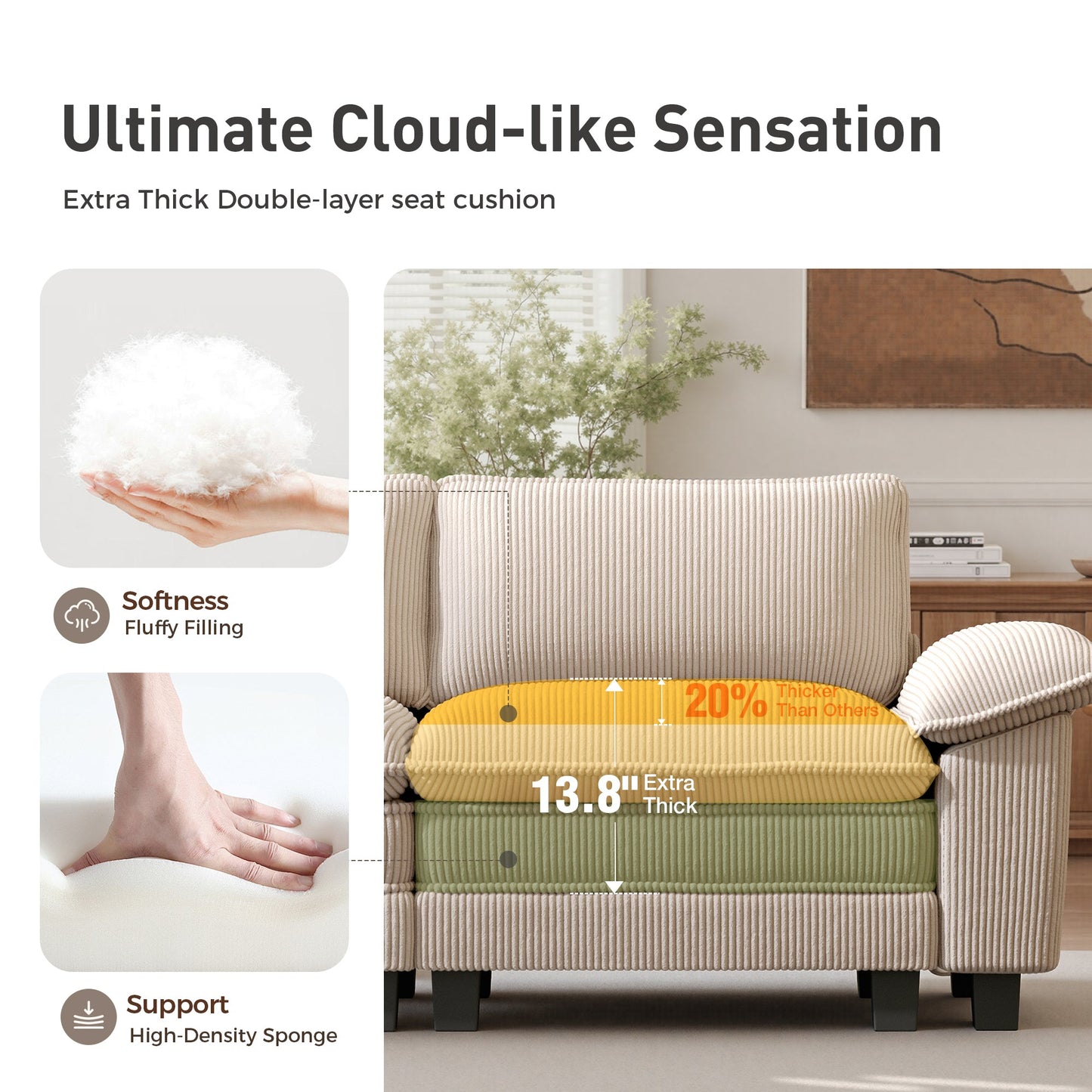 Sophia&William Convertible Sectional Sofa Couch, Modern Chenille Couch 4-Seat Deep Sofa Modular Sectional with 4 Pillows for Living Room,Beige