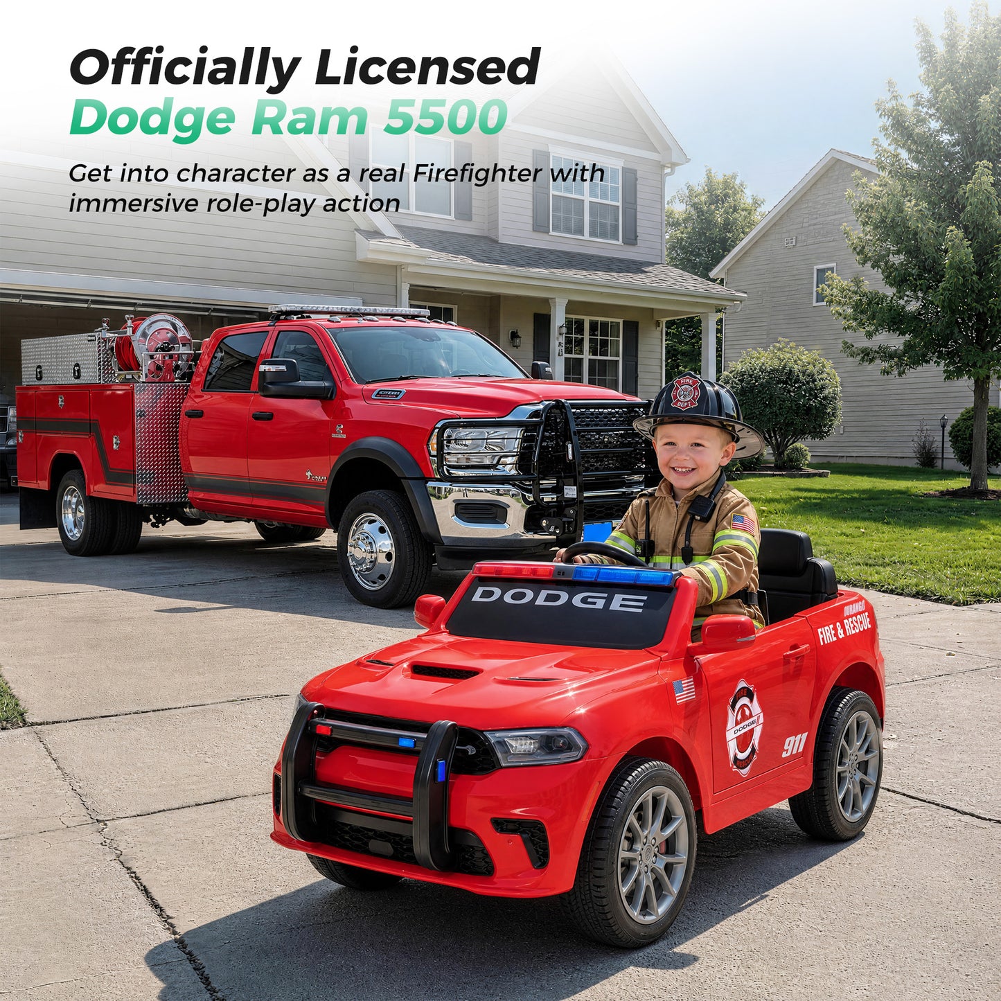 Alpha Joy 12V Kids Ride On 2-Seat Fire Truck with Megaphone, Remote Control, 3 Speeds, Electric Toy Car for Ages 3+, Red