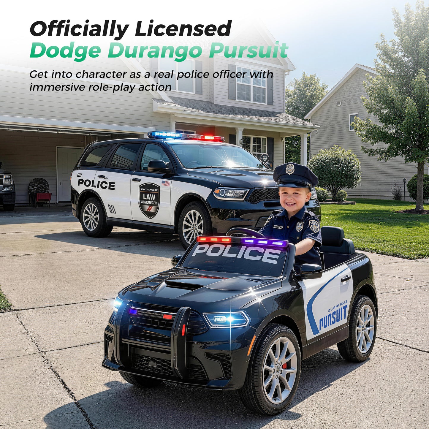 Alpha Joy 12V Kids Ride On 2-Seat Police Car with Megaphone, Remote Control, 3 Speeds, Electric Toy Car for Ages 3+, Black